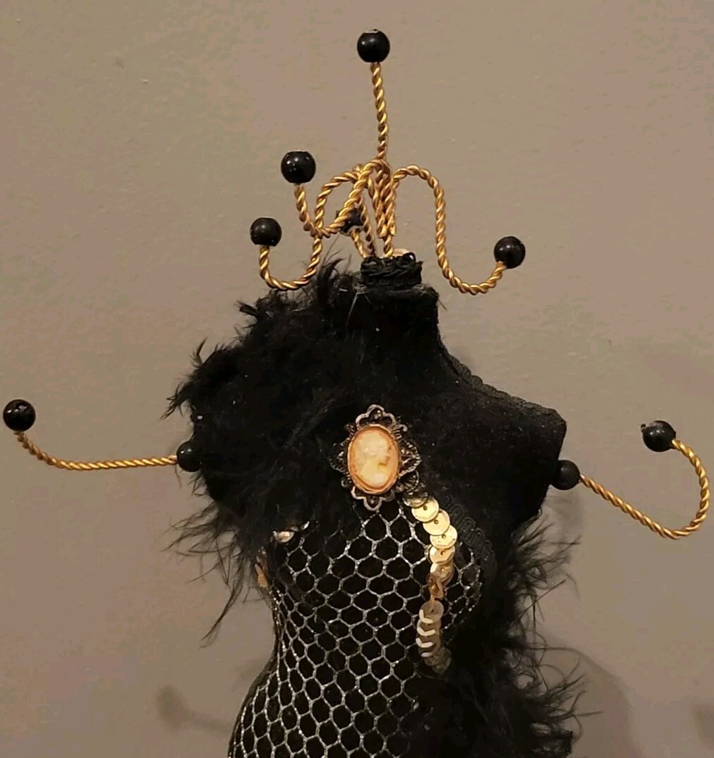 Victorian Style Fringed Sequin Mannequin Doll Hook Jewelry Holder Cameo Feathers