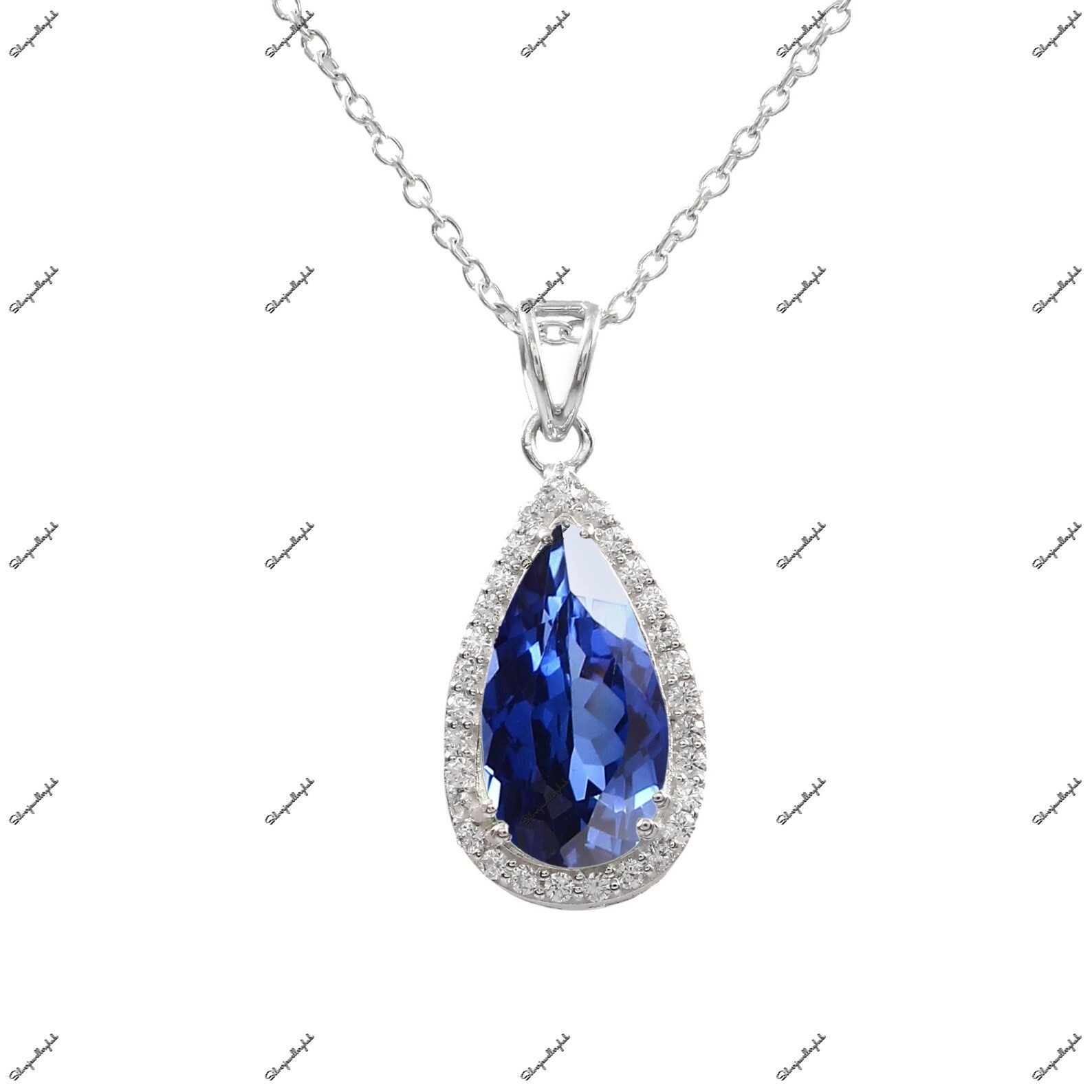 Ceylon Blue Sapphire Pear Pendant 925 Sterling Silver Halo Wedding Gift Necklace