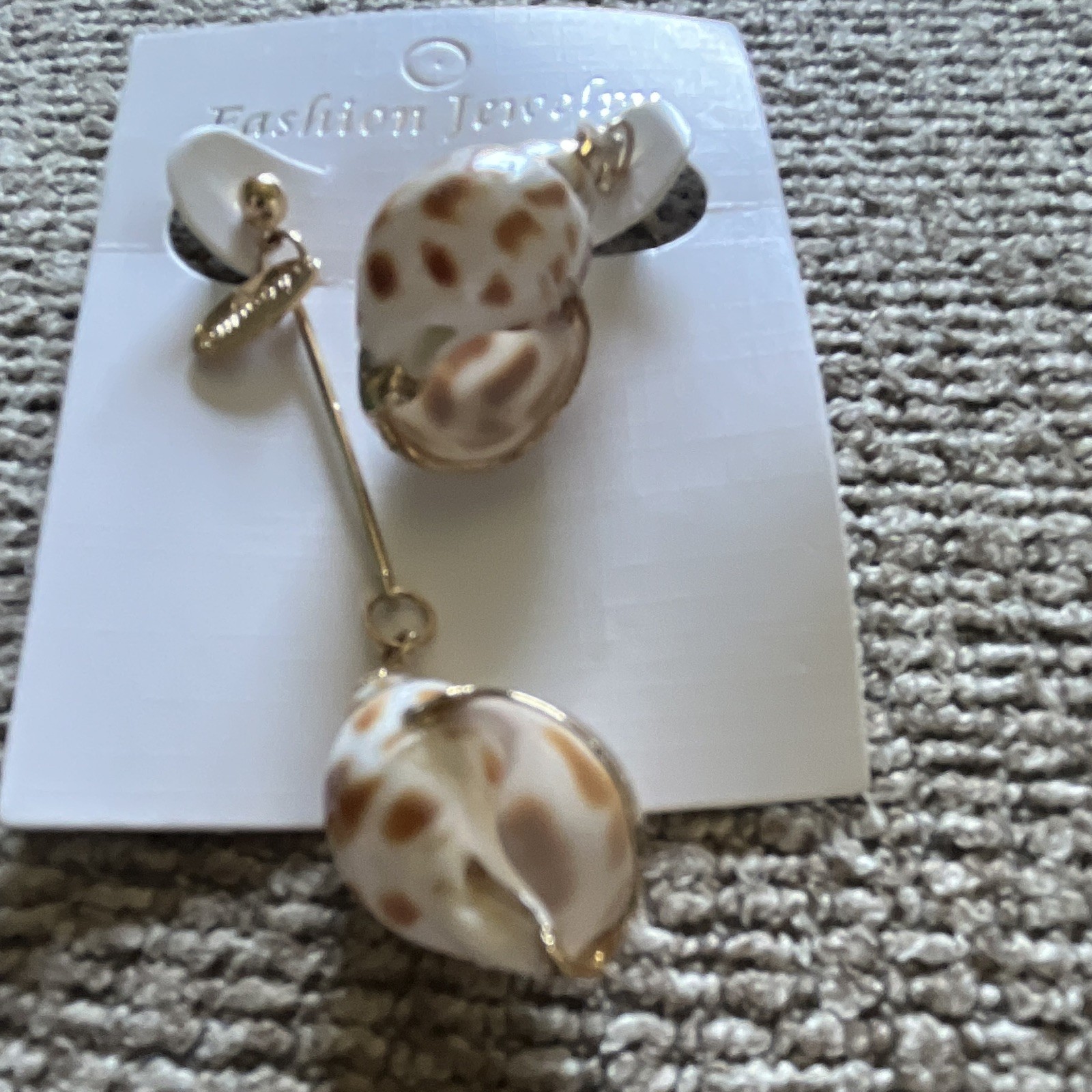 Gold White & Brown Natural Shell Dangle/Drop Earrings Butterfly Back Beach