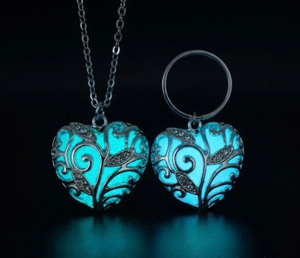 glowing heart necklace with matching key ring.