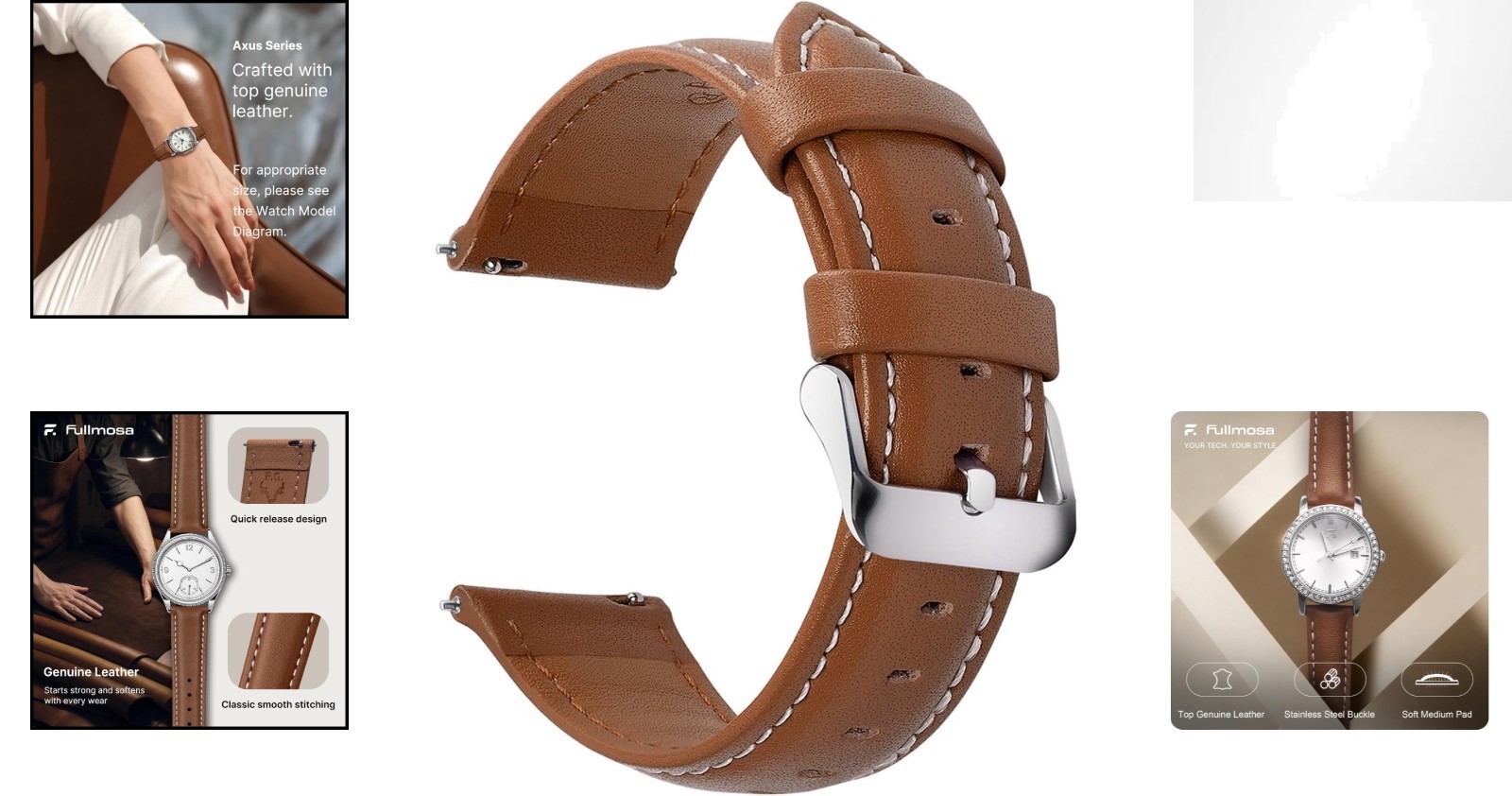 Versatile 19mm Brown Leather Watch Strap with Quick Release for Easy Fit