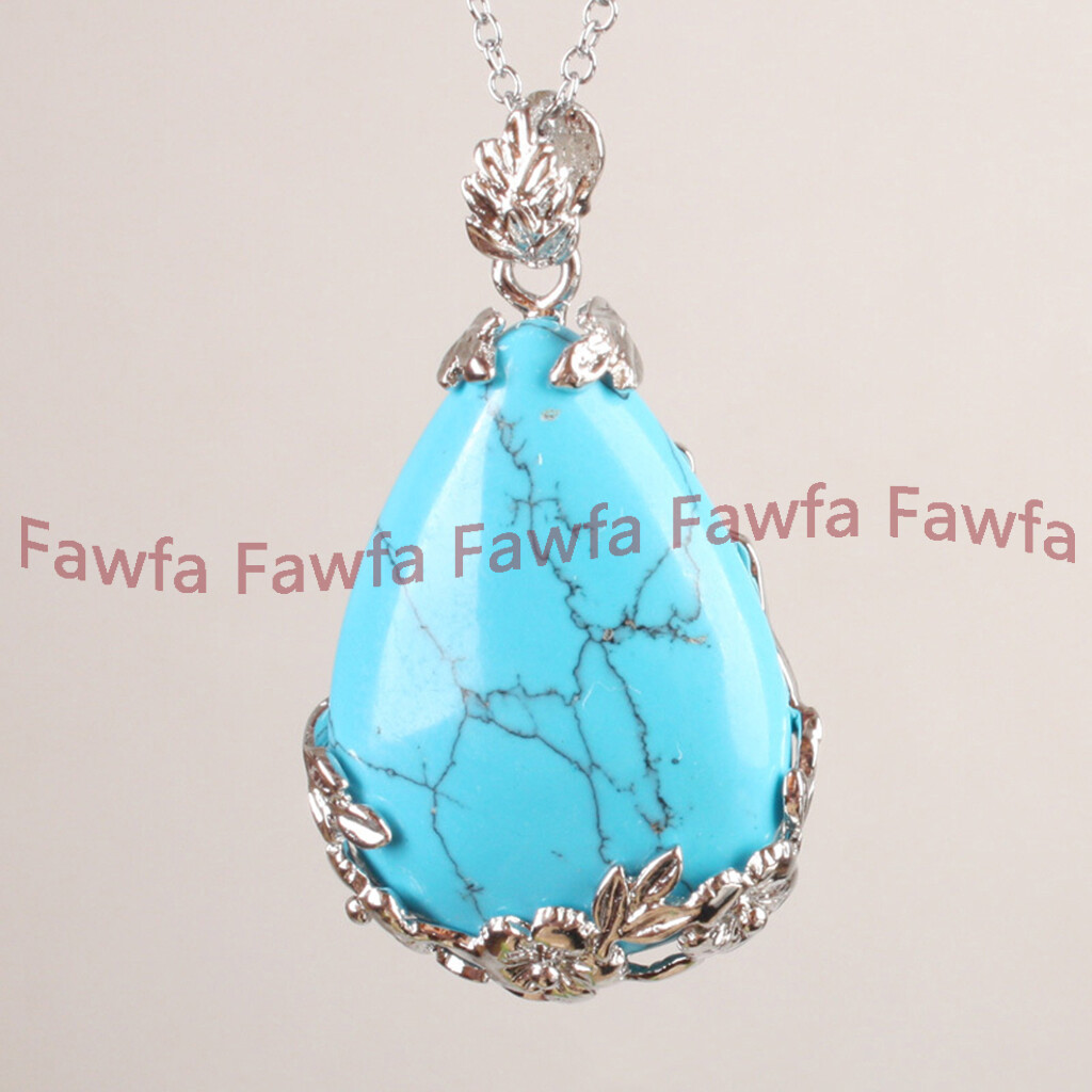 25x35mm Teardrop Gemstone Flowers Pendant Tibet 925 Silver Necklaces + Chain 17′