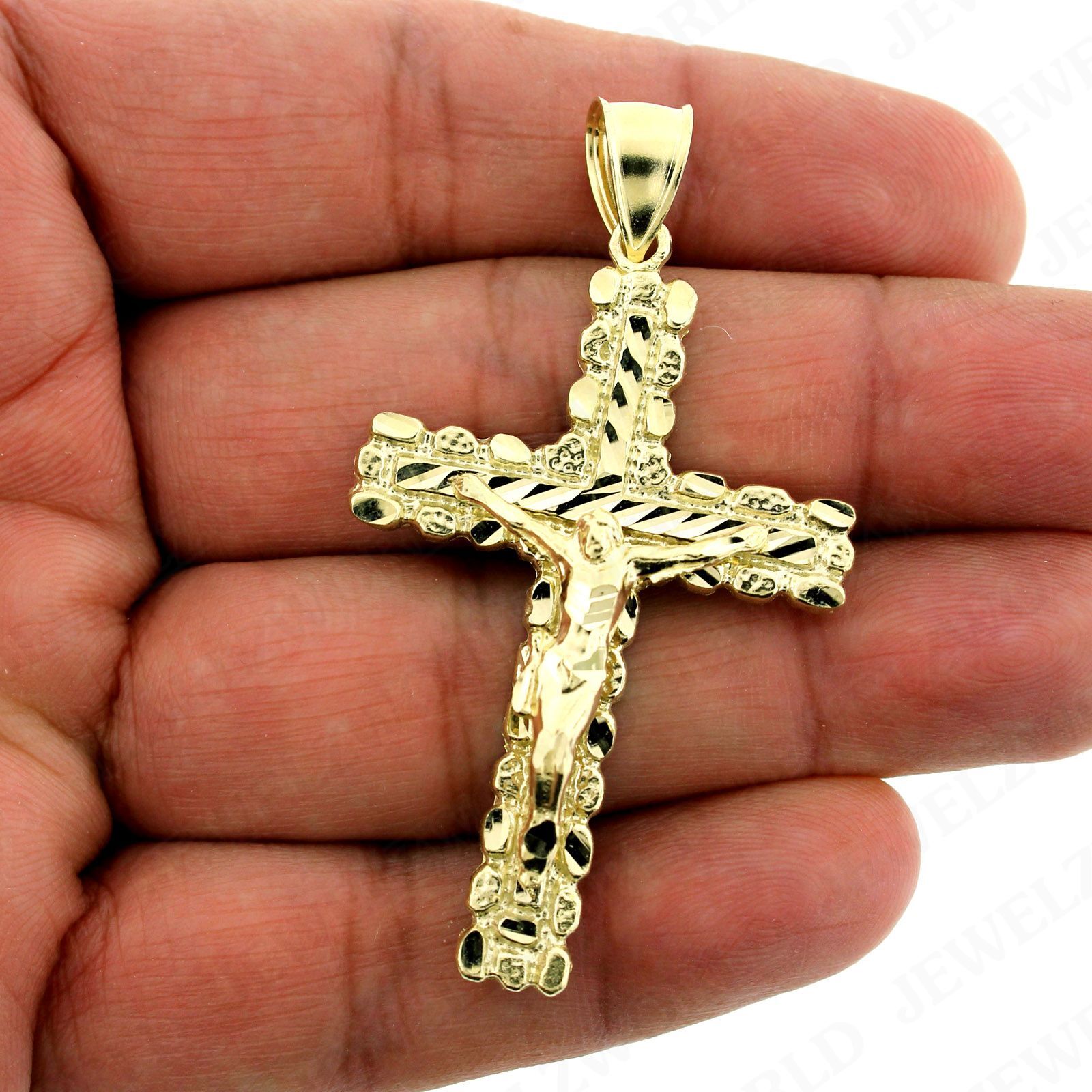 10K Yellow Gold Mens Nugget Cross Pendant Large Diamond Cut Jesus Crucifix Charm