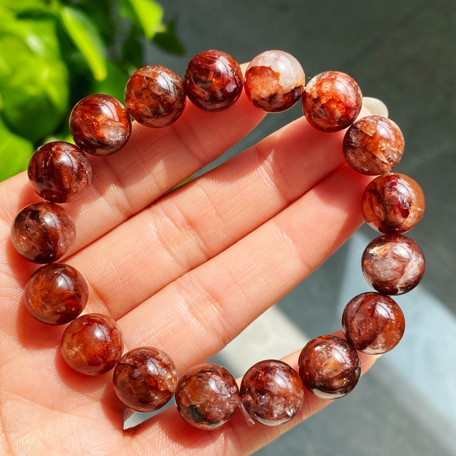 11.8mm Natural Red Multi-inclusions Phantom Quartz Crystal Beads Bracelet 2909