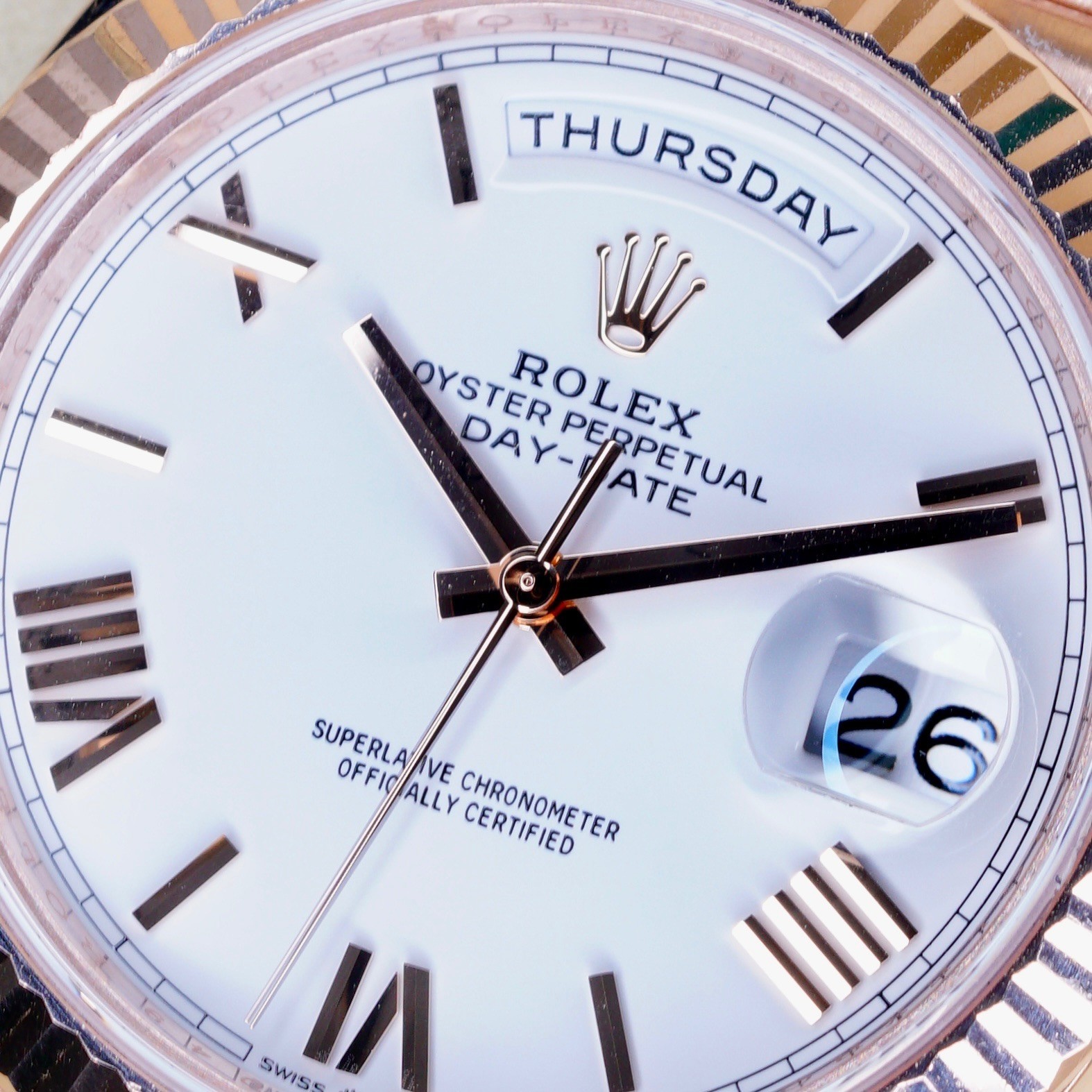 Rolex Day-Date 40 White Dial 18K Rose Gold Fluted Roman Numeral President 228235
