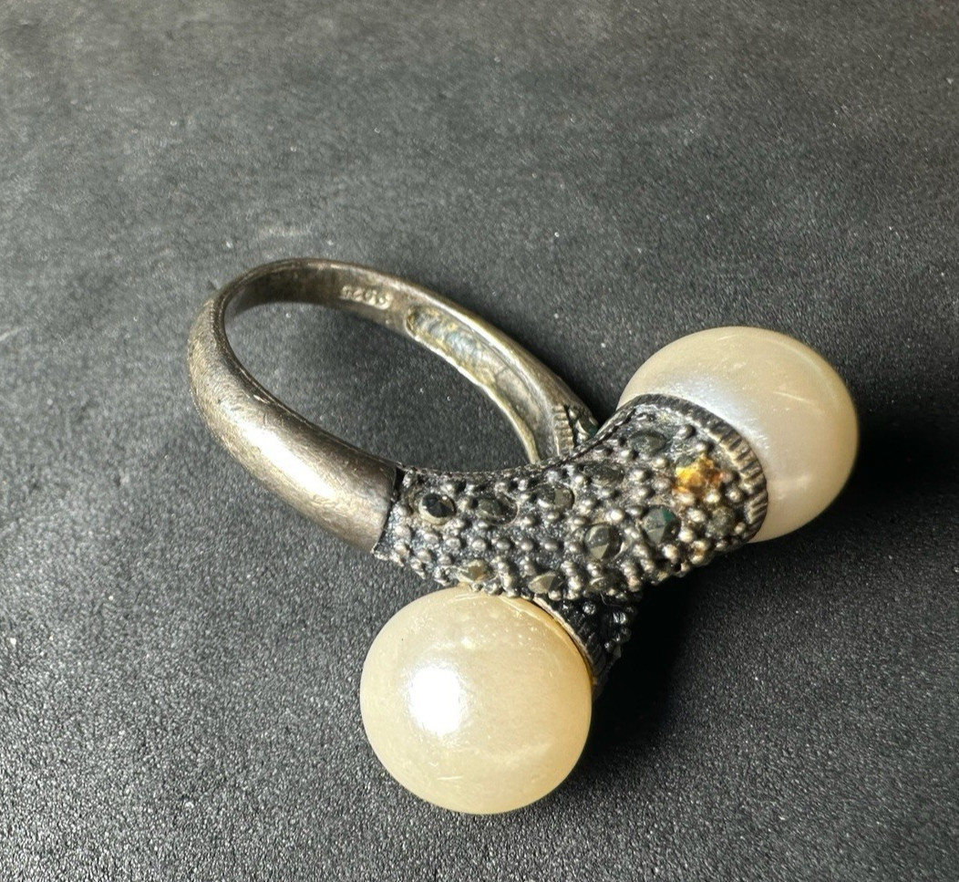 6.71g Vintage Sterling Silver 925 Ring Textured Double Bead Statement M Size 8