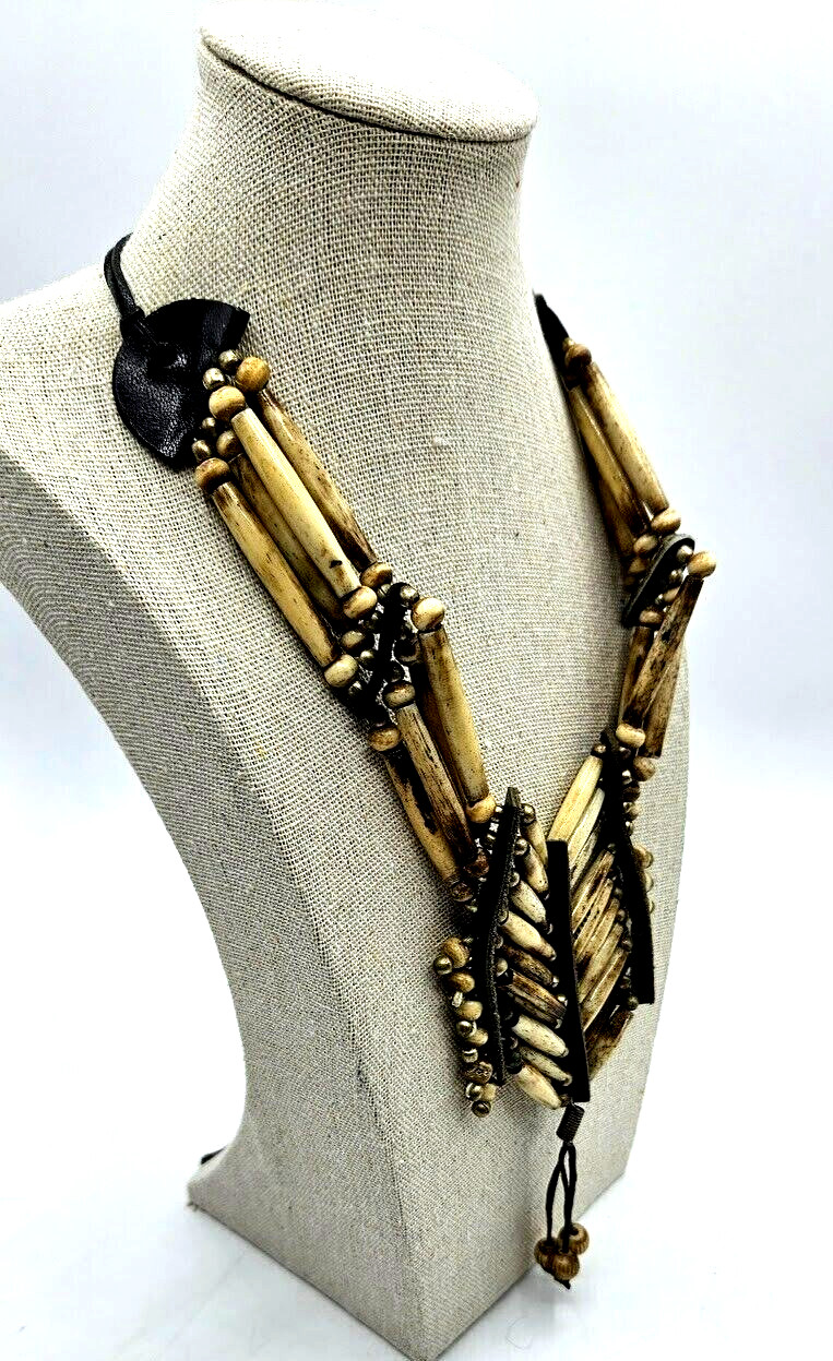 Buffalo Bone Necklace Layer Black Beige Hair Pipes Tribal Style Boho Ancient 25″