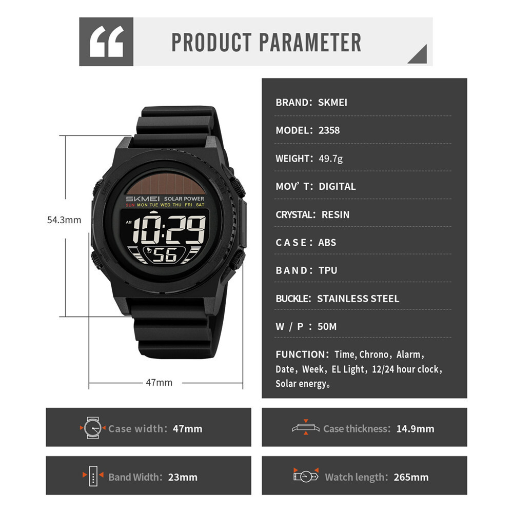 SKMEI Men Sport Watch Solar Power Wristwatch LED Boys Countdown Digital Watches