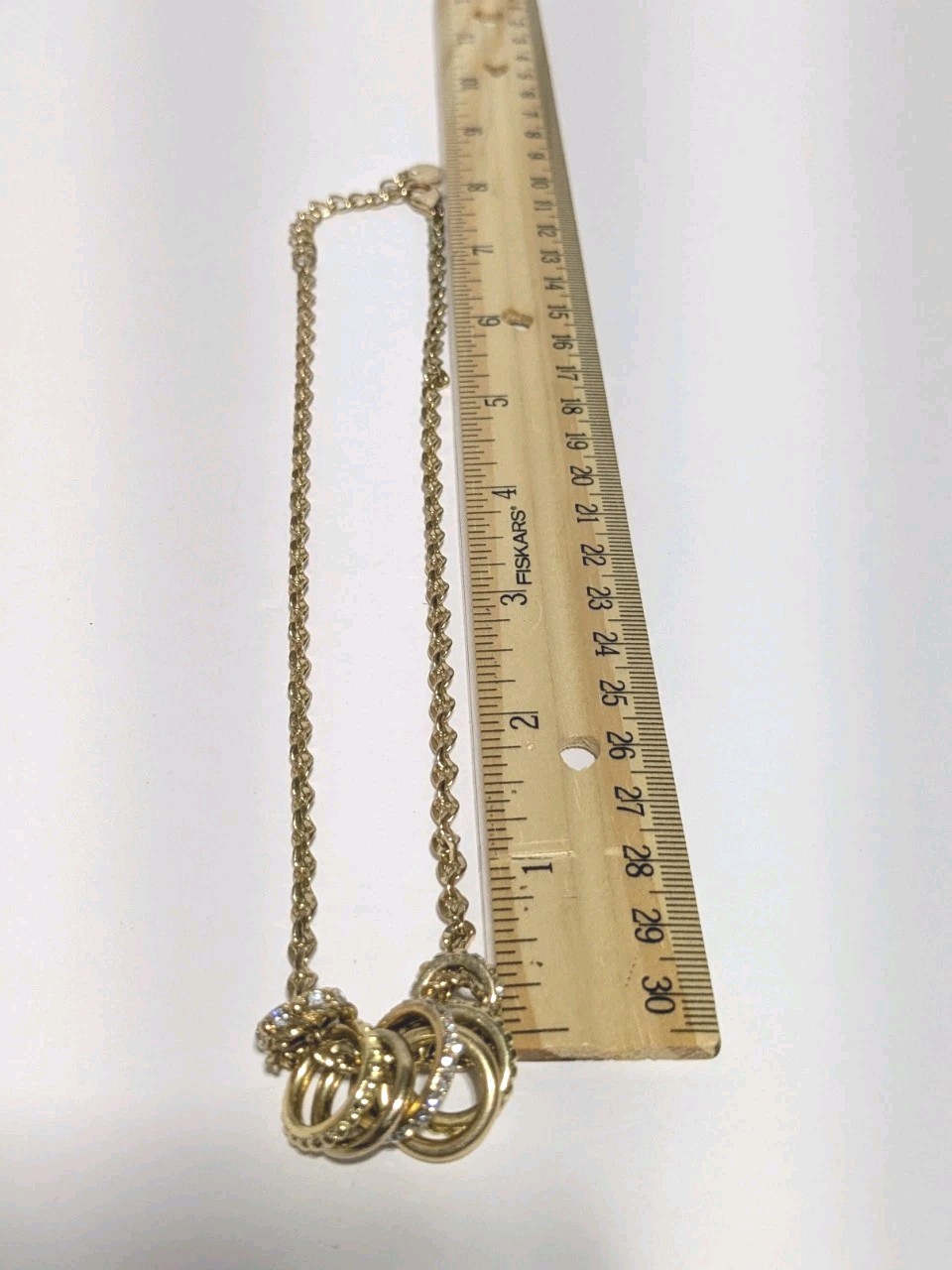 Charter Club Gold Tone Necklace With Textured & Pave Rhinestone Ring Charms 17″