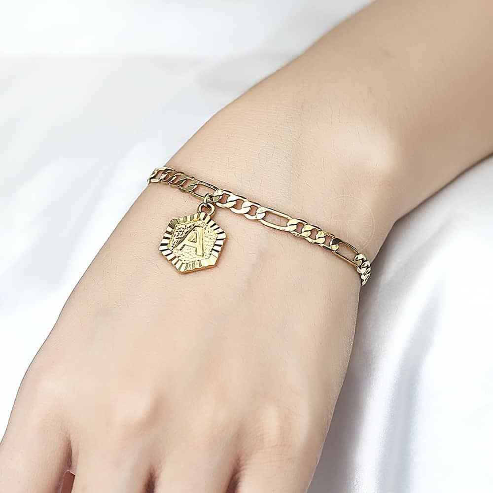 Womens A-Z Initial Letter Charm Bracelet Anklet Gold Plated Figaro Chain