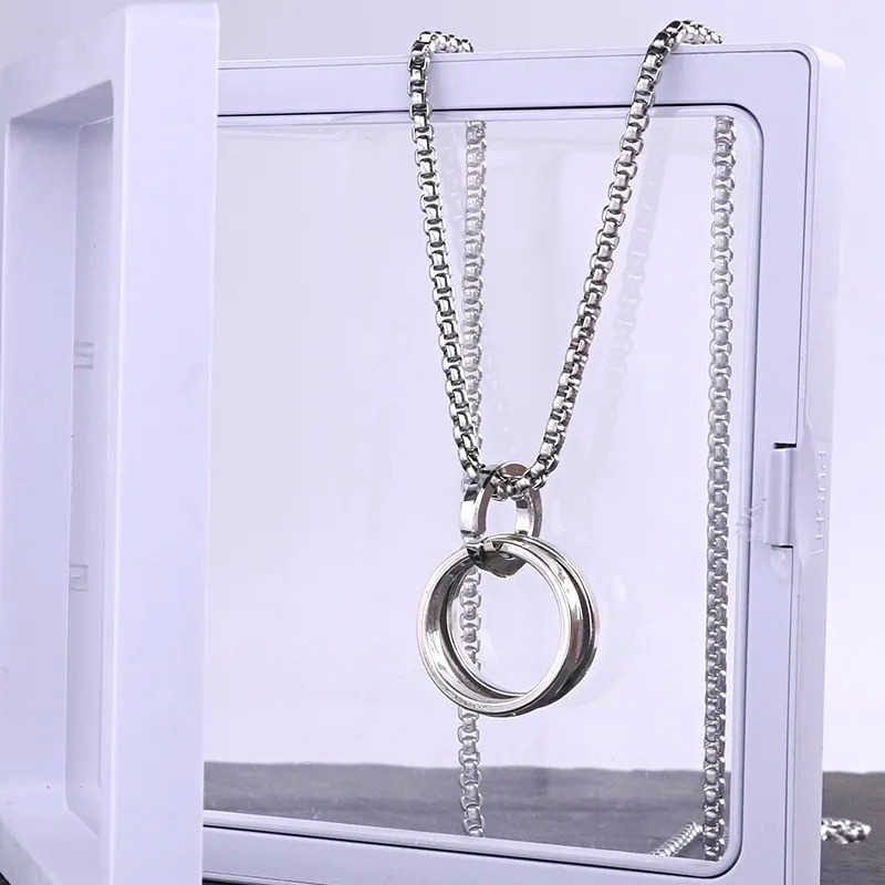 Silver Tone Cuban Link Chain Necklace with Double Round Ring Pendant Stainless