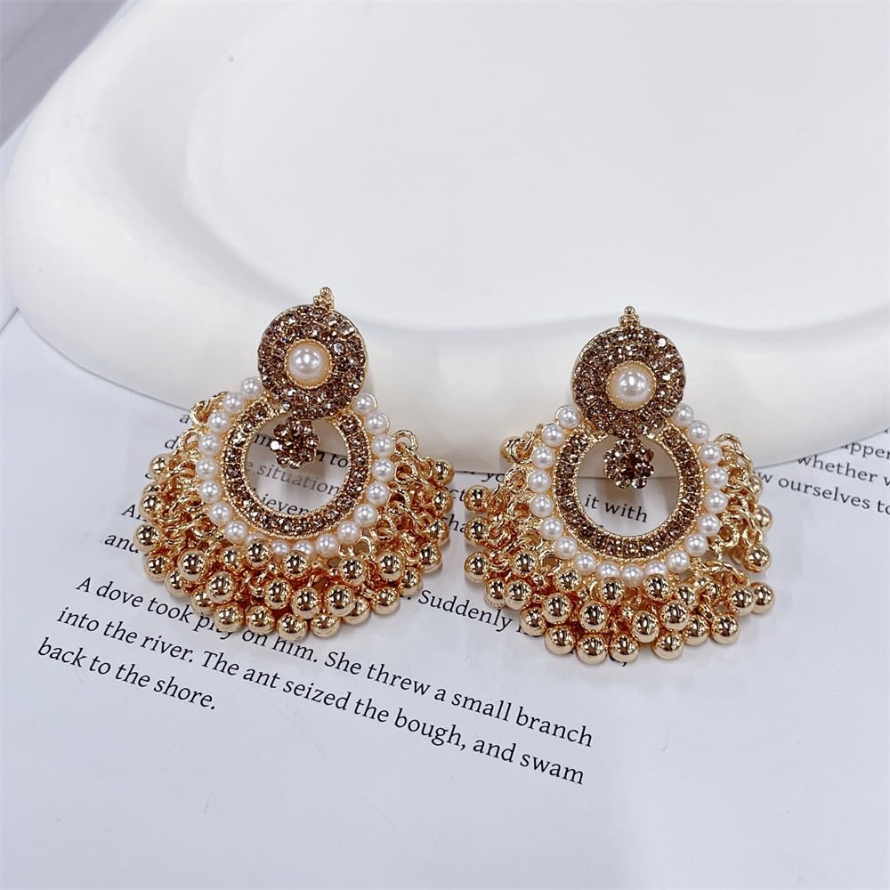 Vintage Beaded Tassel Dangle Drop Earrings Statement Boho CZ Simulated