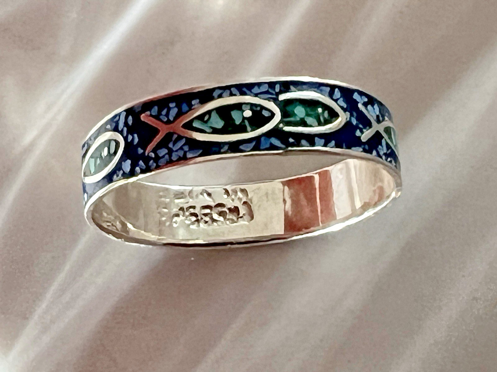 Vintage Antique Solid 14k Gold 585 Stamp Enamel Fish Figure Blue Ring Size 6.75