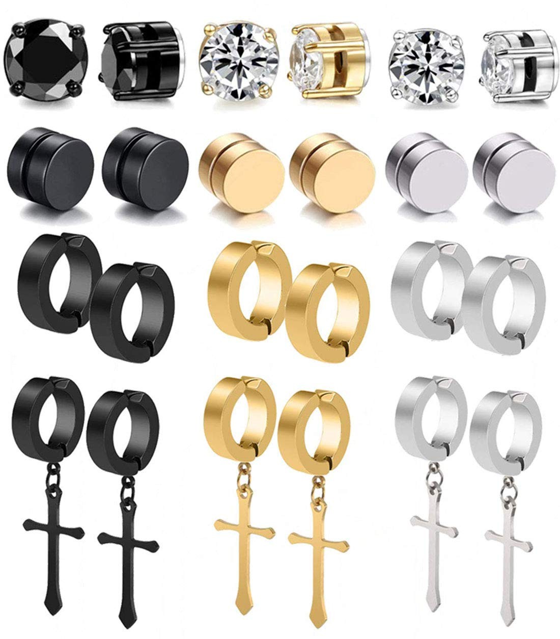 12 Pairs Stainless Steel Non Pierced Magnetic Earrings for Men Women CZ