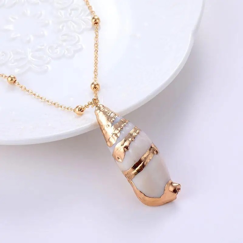 Spiral Turritella Sea Shell Necklace – White Shell Pendant with Gold Trim Chain