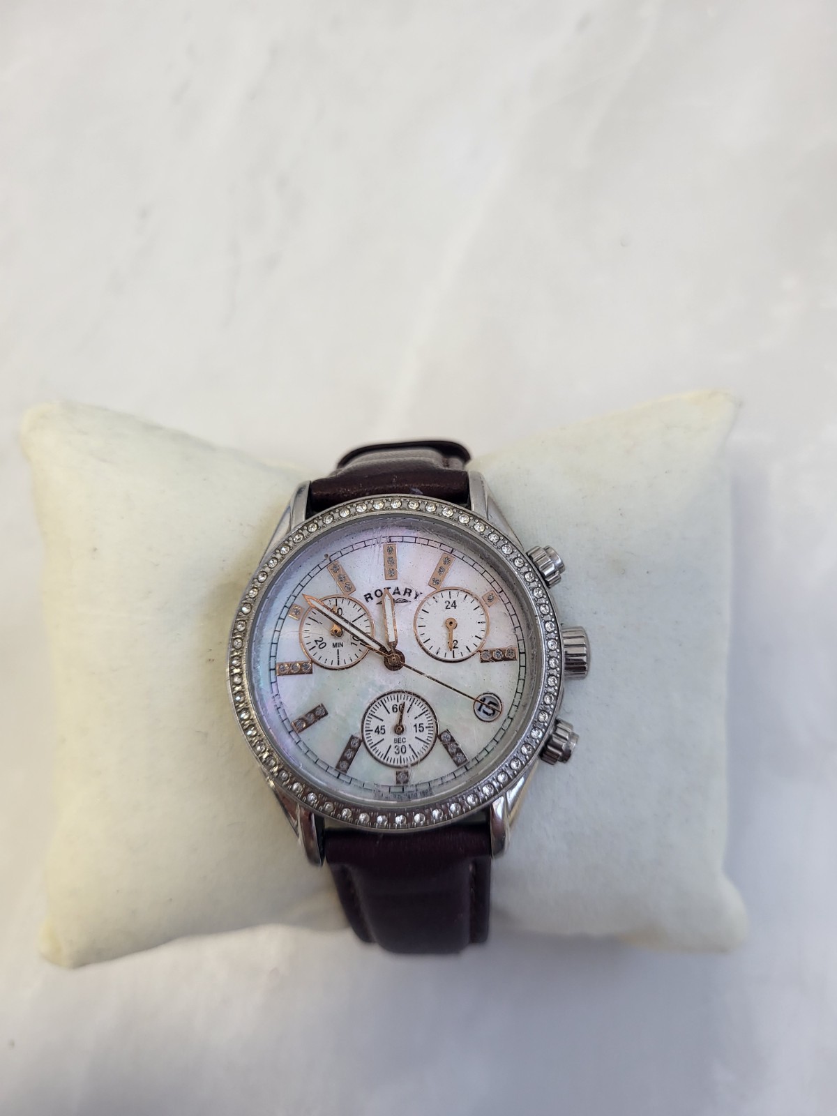 Rotary Chronograph Watch Mother Of Pearl Dial & Leather Strap. PD