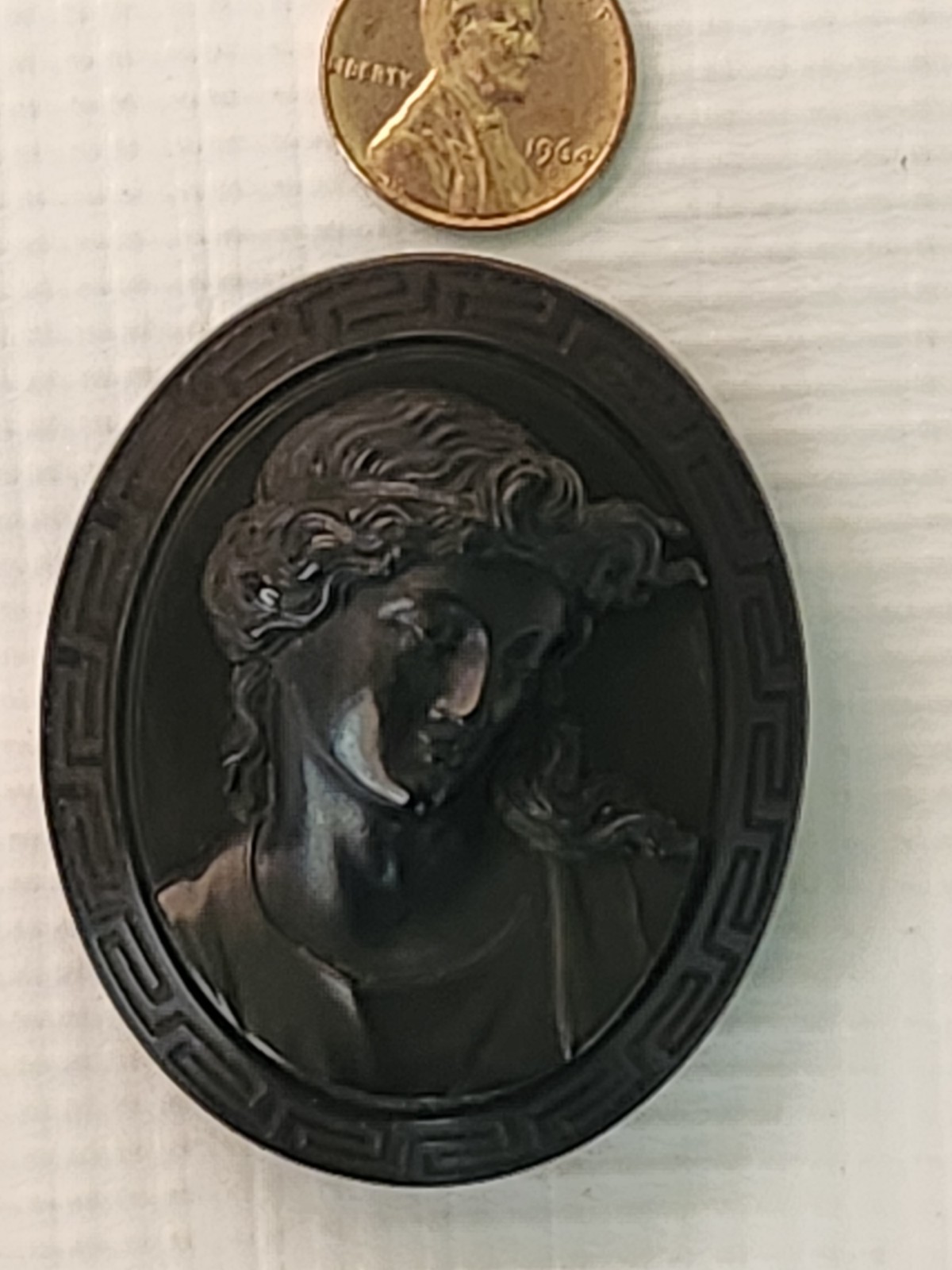 Antique 3D Victorian Vulcanite Cameo Brooch/Pin, Greek Key Design Border