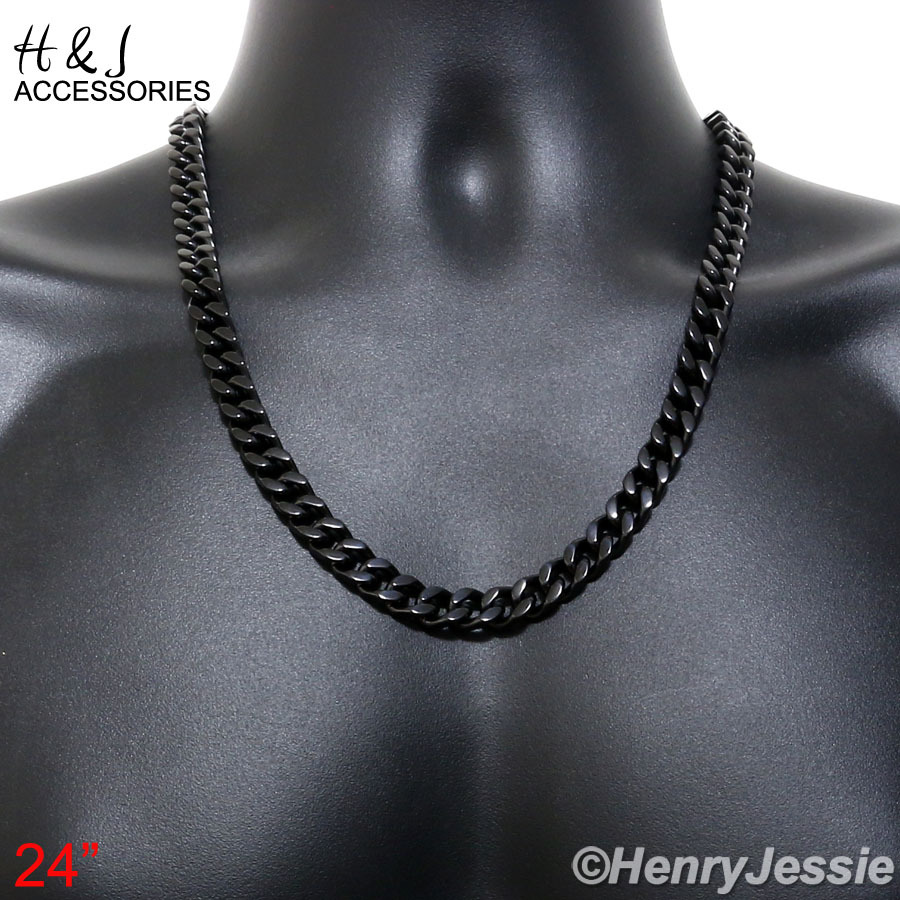 24″MEN Stainless Steel WIDE 9x4mm Black Plated Cuban Curb Link Chain Necklace