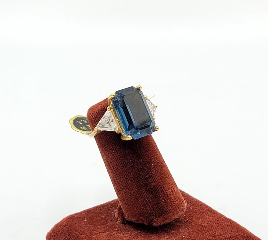 Vtg Sz 6 Ring Blue Clear Cubic Zirconia Signed 18KGE Gold Electroplated Jewelry