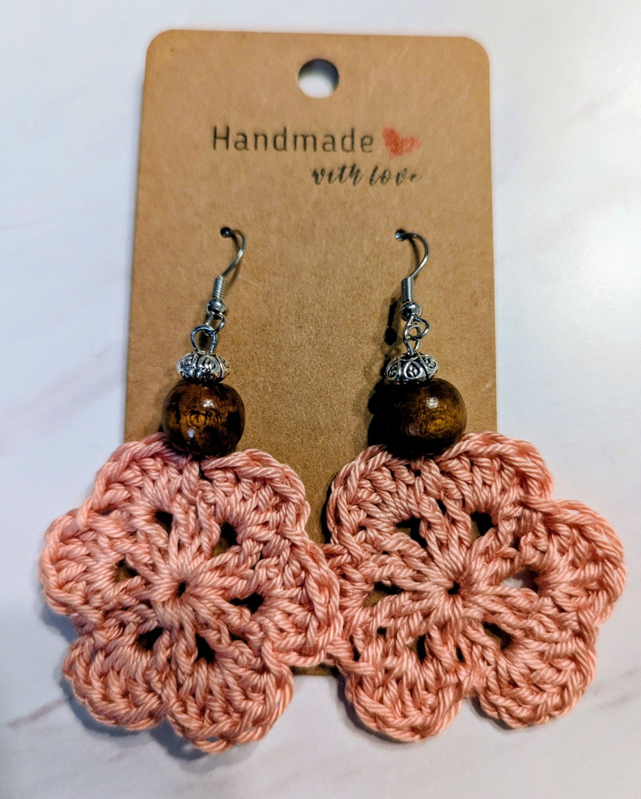 Handcrafted Pink Crochet Flower Dangle Earrings Lightweight & Beautiful 1&1/2 In