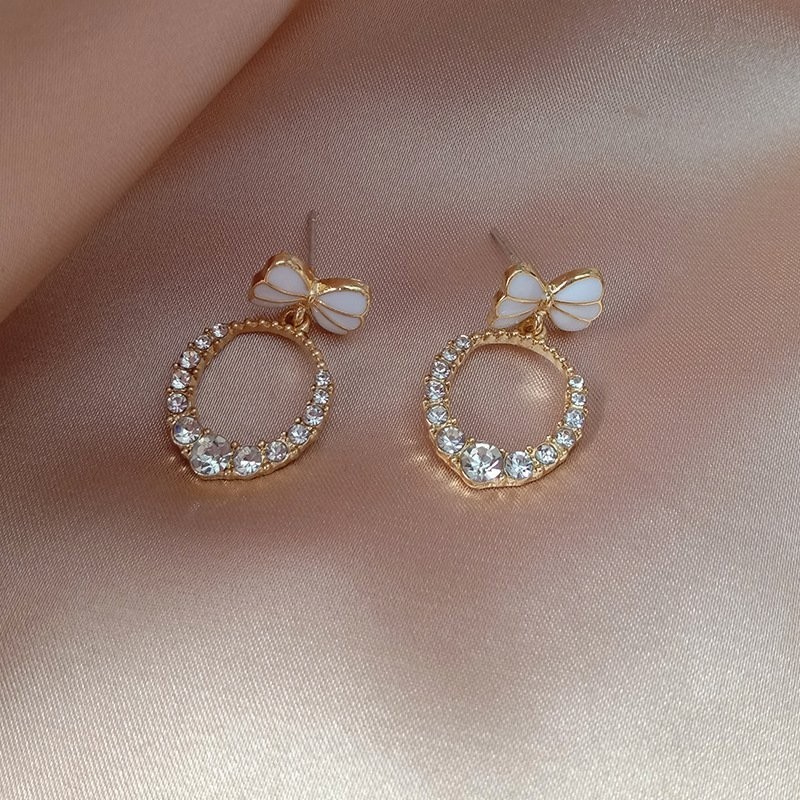 925 Silver Post Bow Rhinestone Drop Earrings Cute Crystal Dangle Women Jewelry