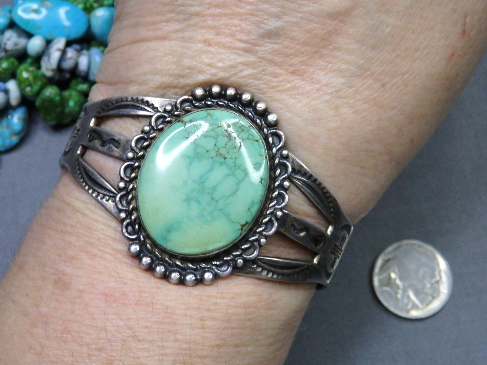 Fred Harvey NAVAJO Natural CARICO LAKE TURQUOISE Coin SIlver 36g Cuff Bracelet