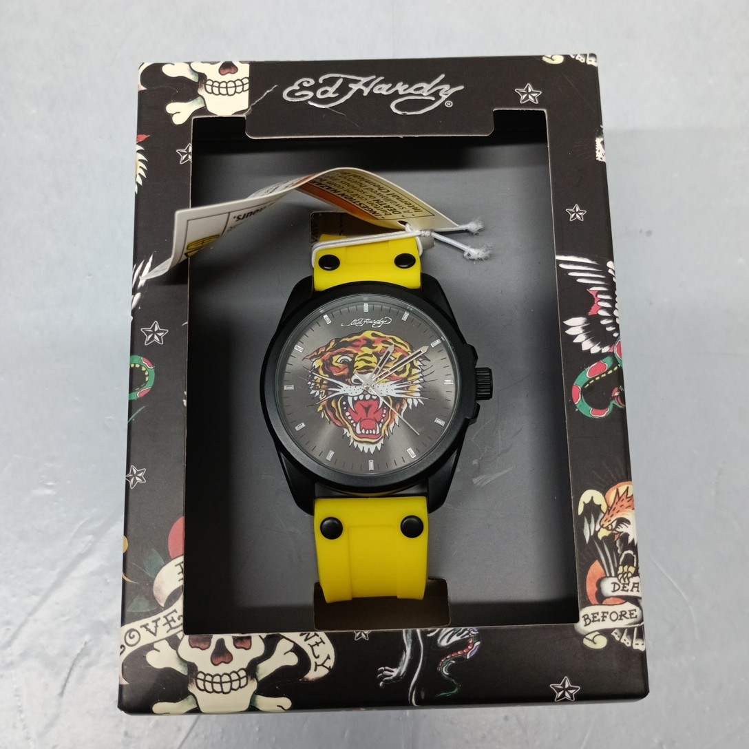 Ed Hardy Men’s Watch Tiger Face Yellow Silicone Adjustable Strap