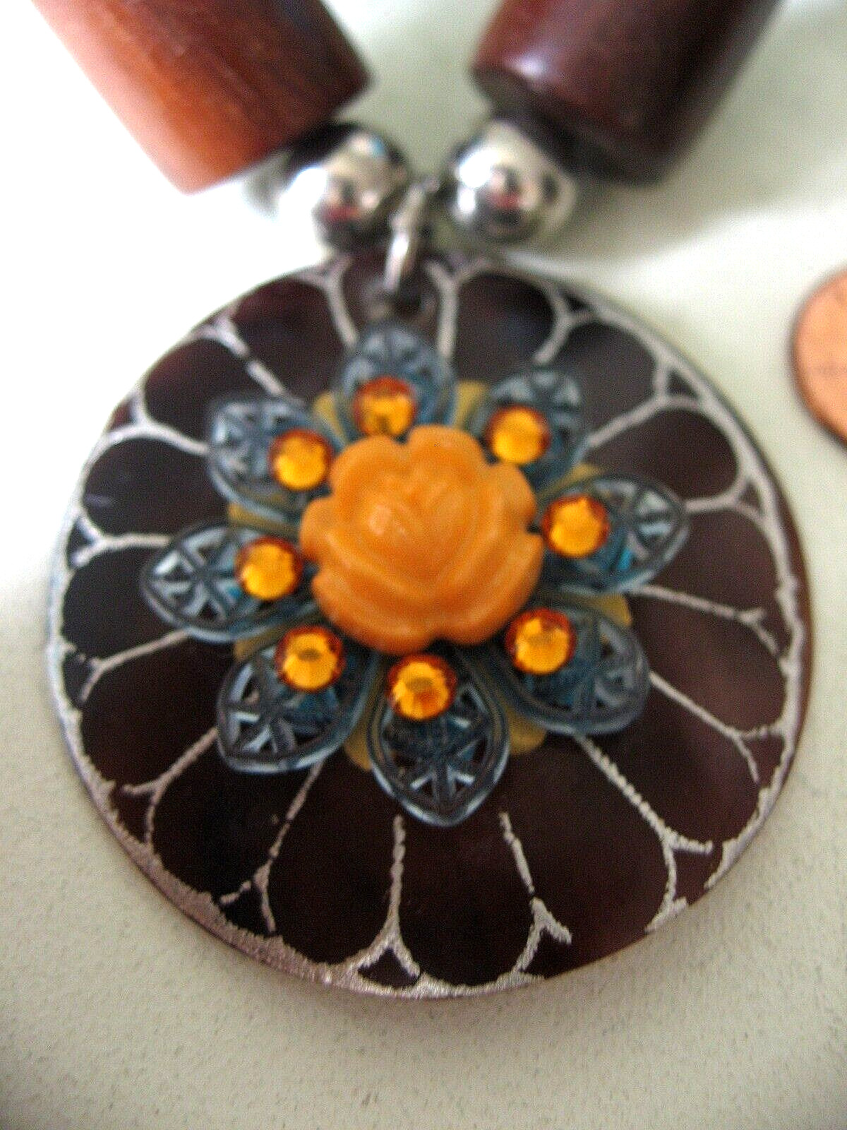 Tarina Tarantino Necklace Carved Rose Wood Crystal Crochet Unworn See Paint Flaw