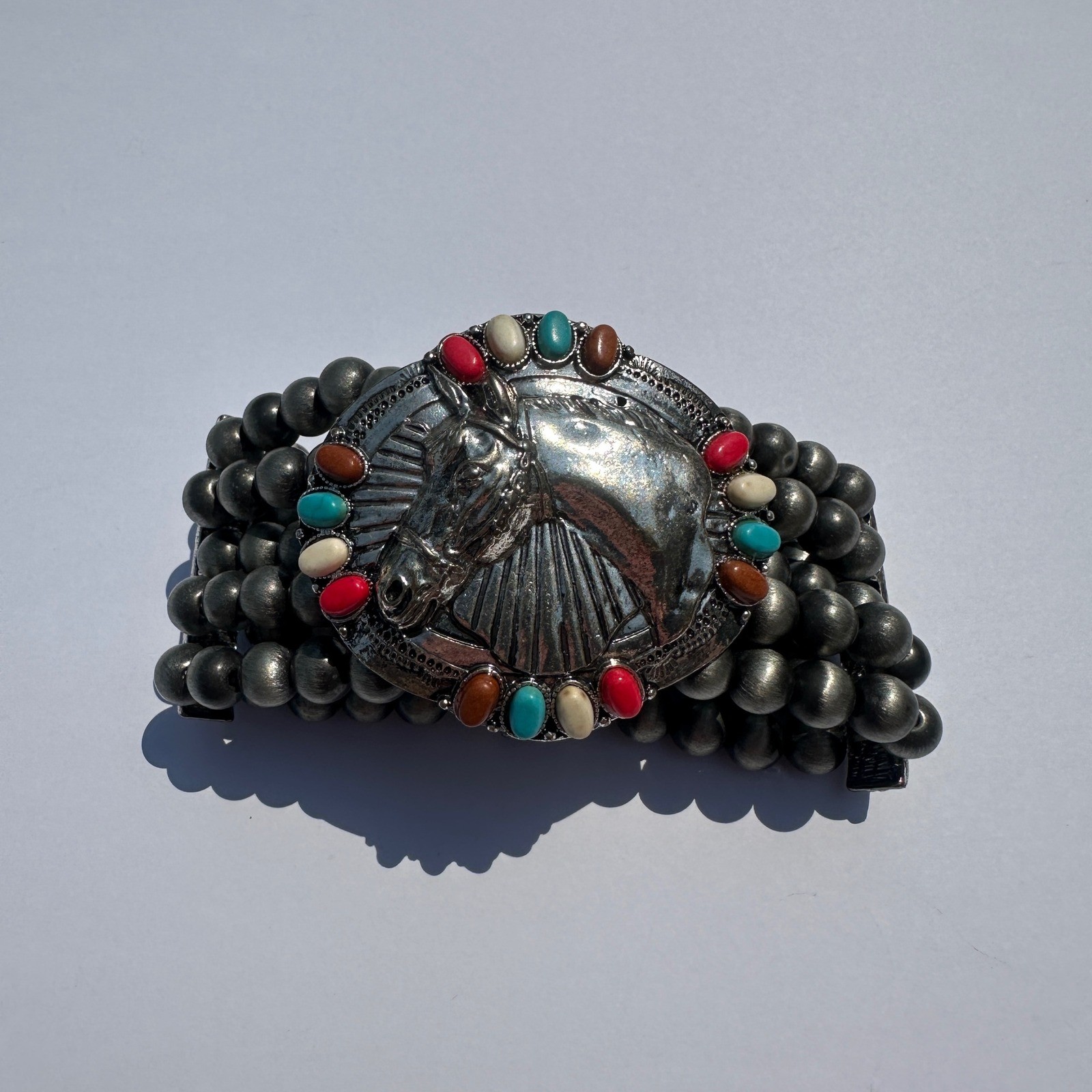 Western Horse Stretch Bracelet Silver Faux Navajo Pearl Beaded Turquoise Red