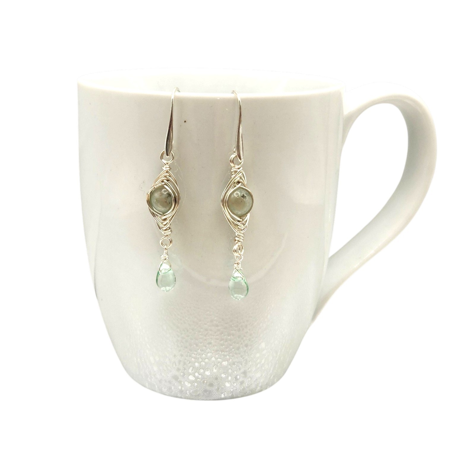 Handmade Stone Herringbone Wire Wrapped Dangle Earrings Gold Silver Bronze