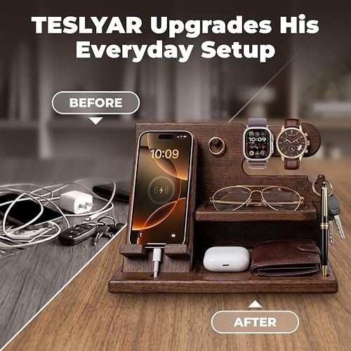 Wood Desk Organizer Dock Stand Key Wallet Watch Holder Nightstand Brown Men