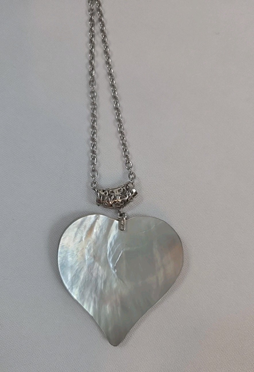 Abalone Shell Large Heart Gold Gilded Swirl Flowers Statement Pendant Necklace