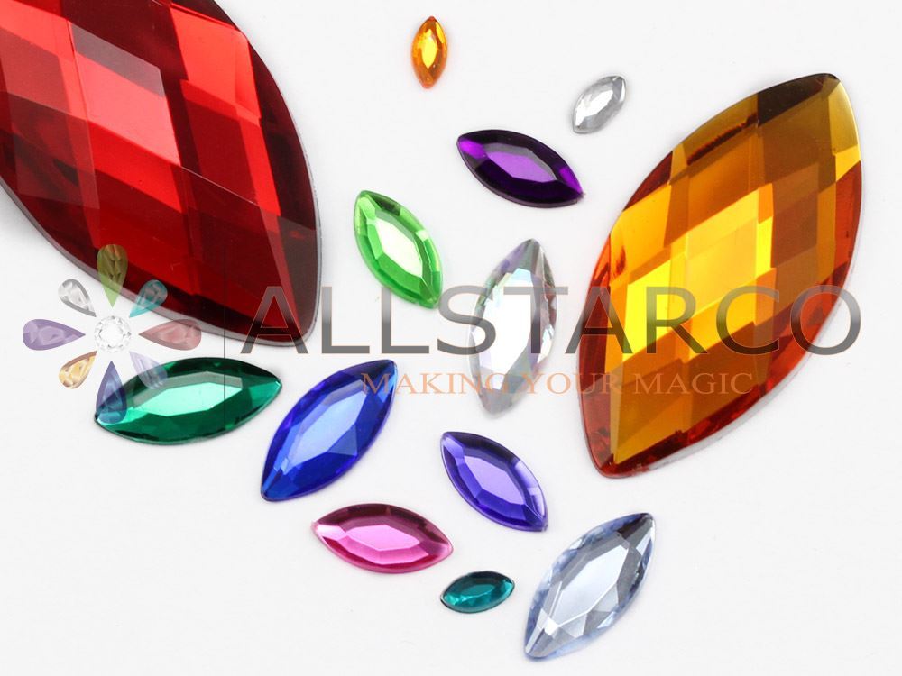20x9mm Assorted Colors Flat Back Acrylic Navette Gems – 120 Pieces