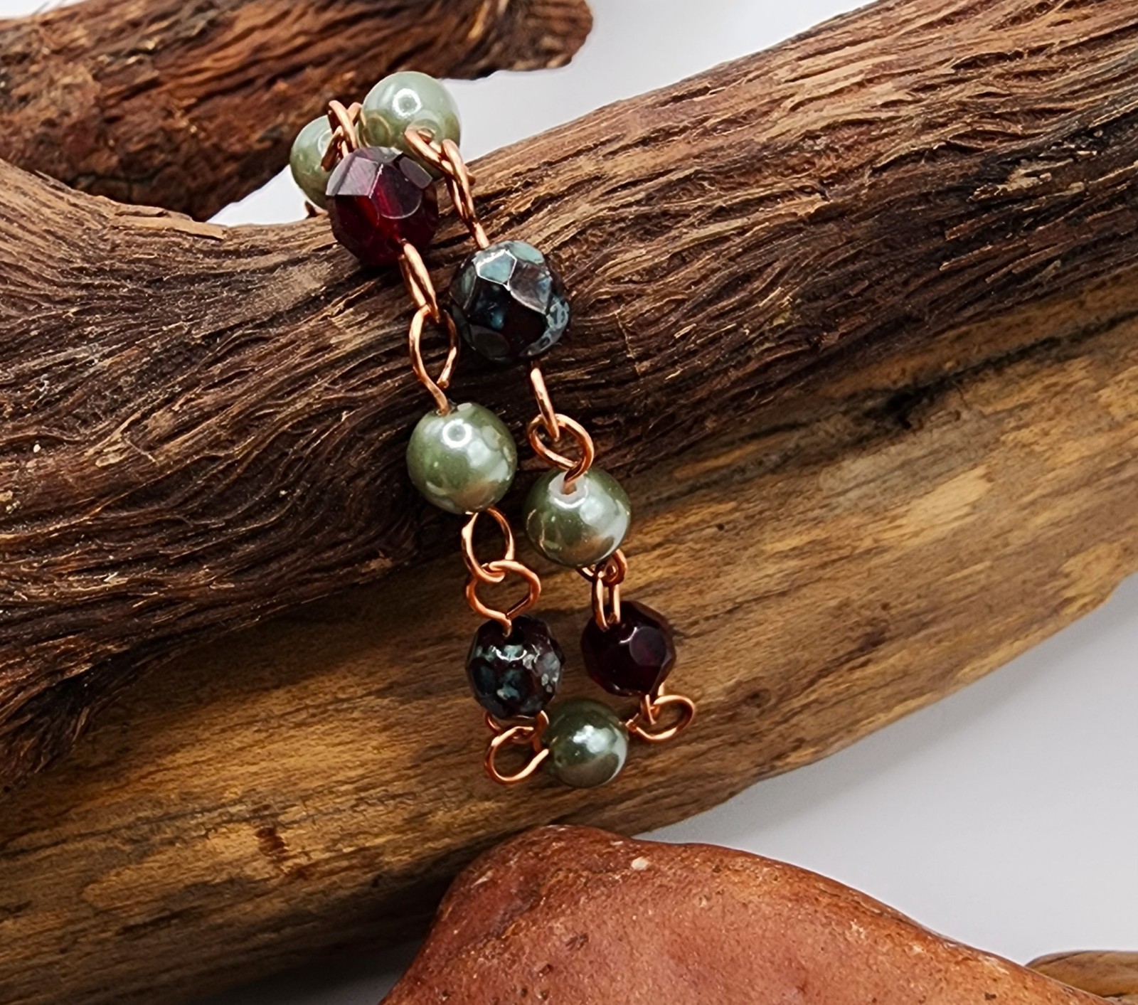 Handcrafted Copper Chain Bracelet with Czech Garnet, Sage Green and Burgundy Red