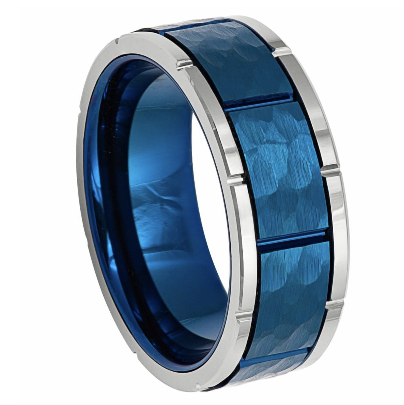 Men 8mm Blue Hammered Finish With Notches Tungsten Carbide Wedding Band Ring