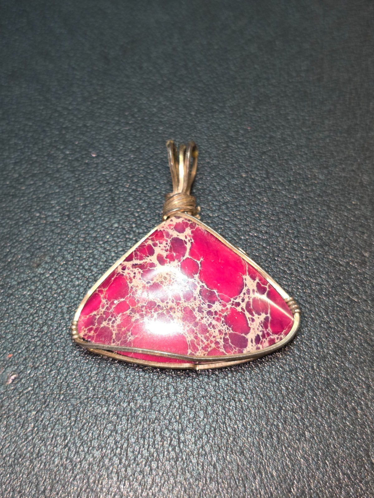 Handmade Pink Imperial Jasper Wire Wrapped Triangle Pendant Statement Jewelry
