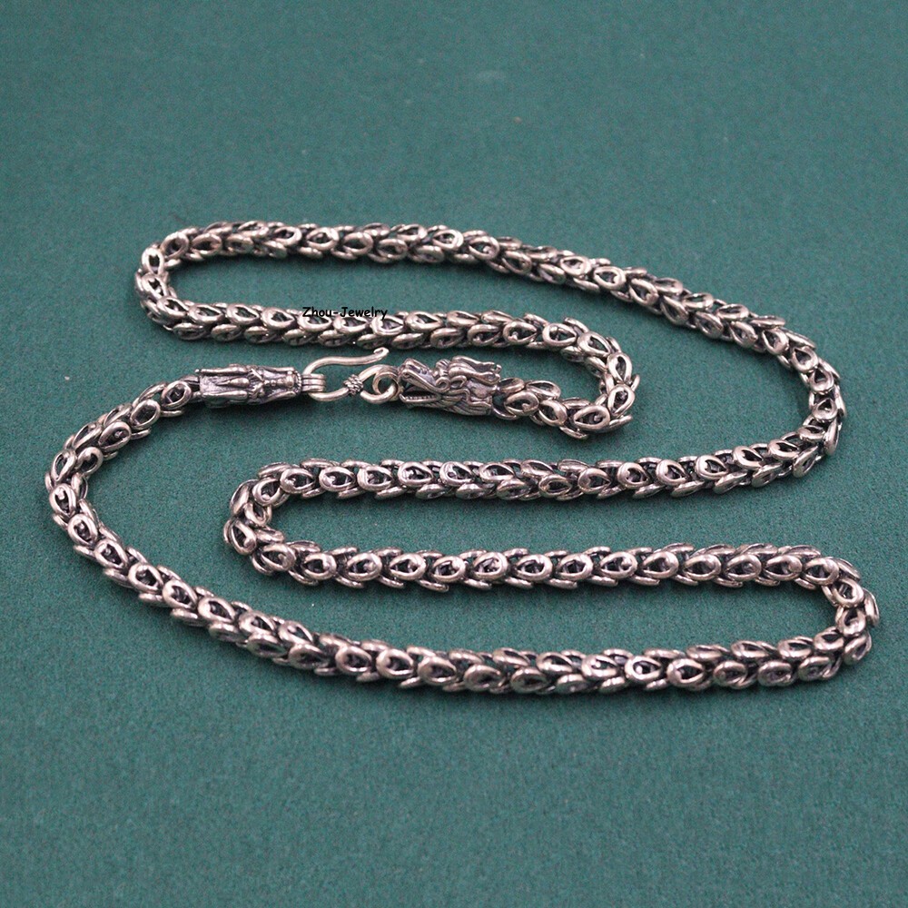 Solid S925 Sterling Silver Chain 6mm Dragon Feather Link Necklace 56-57g 24inch