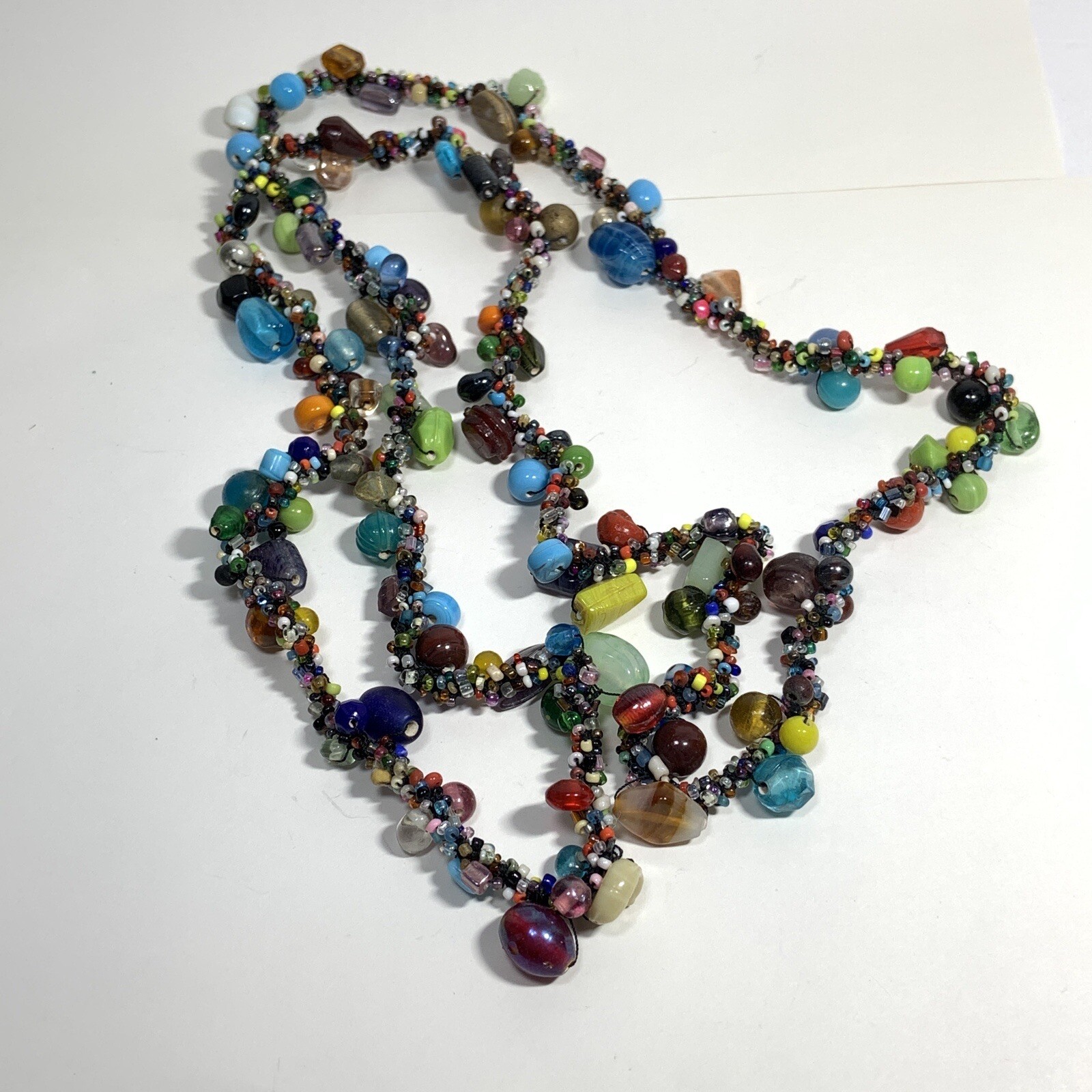 HANDCRAFTED Art Glass Seed Bead TWIST WRAP NECKLACE Multi Color EXTRA LONG 48″