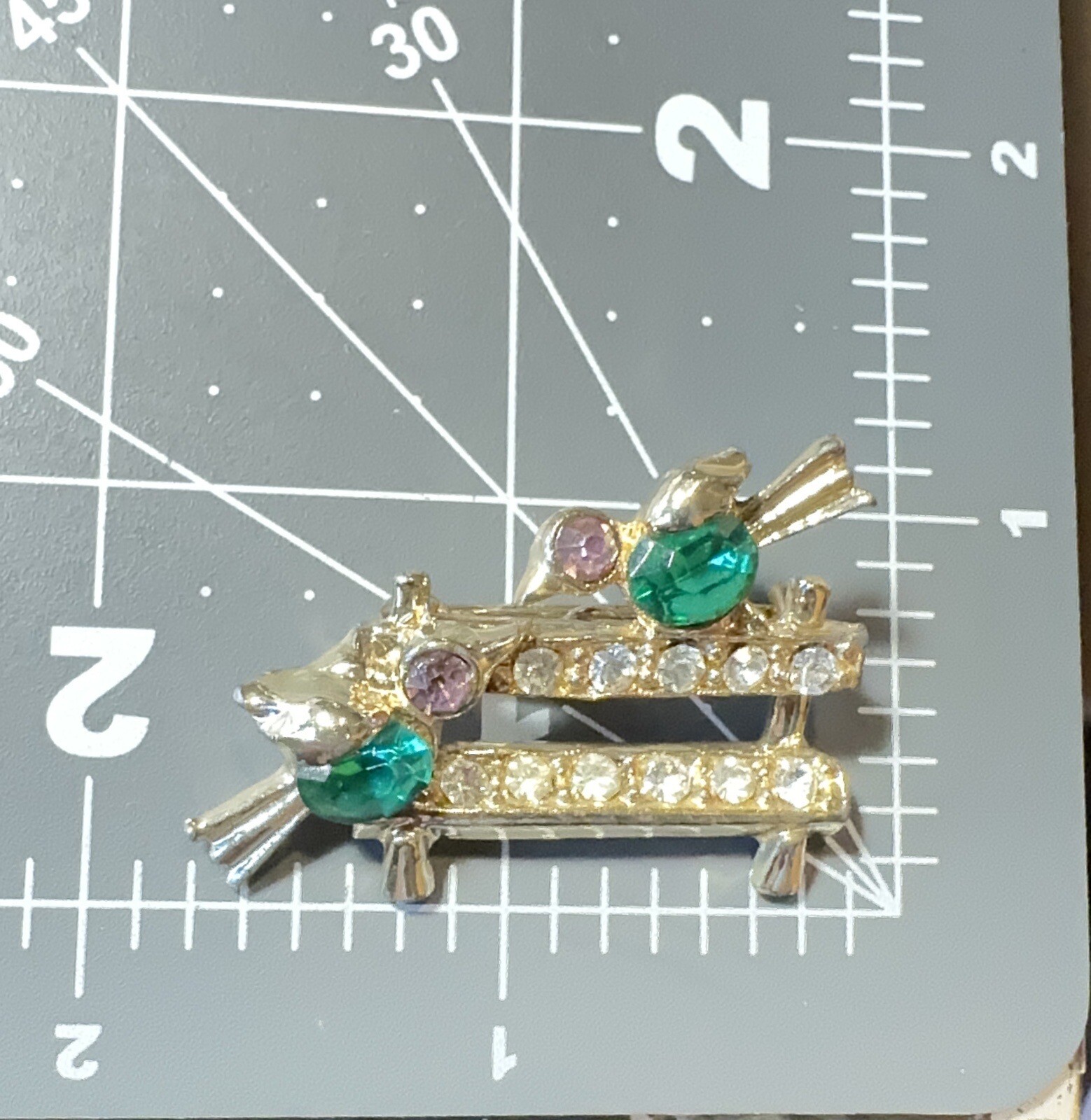 Lovebirds Birds on Fence Brooch Rhinestone Green Pink Gold Vintage Mid Century