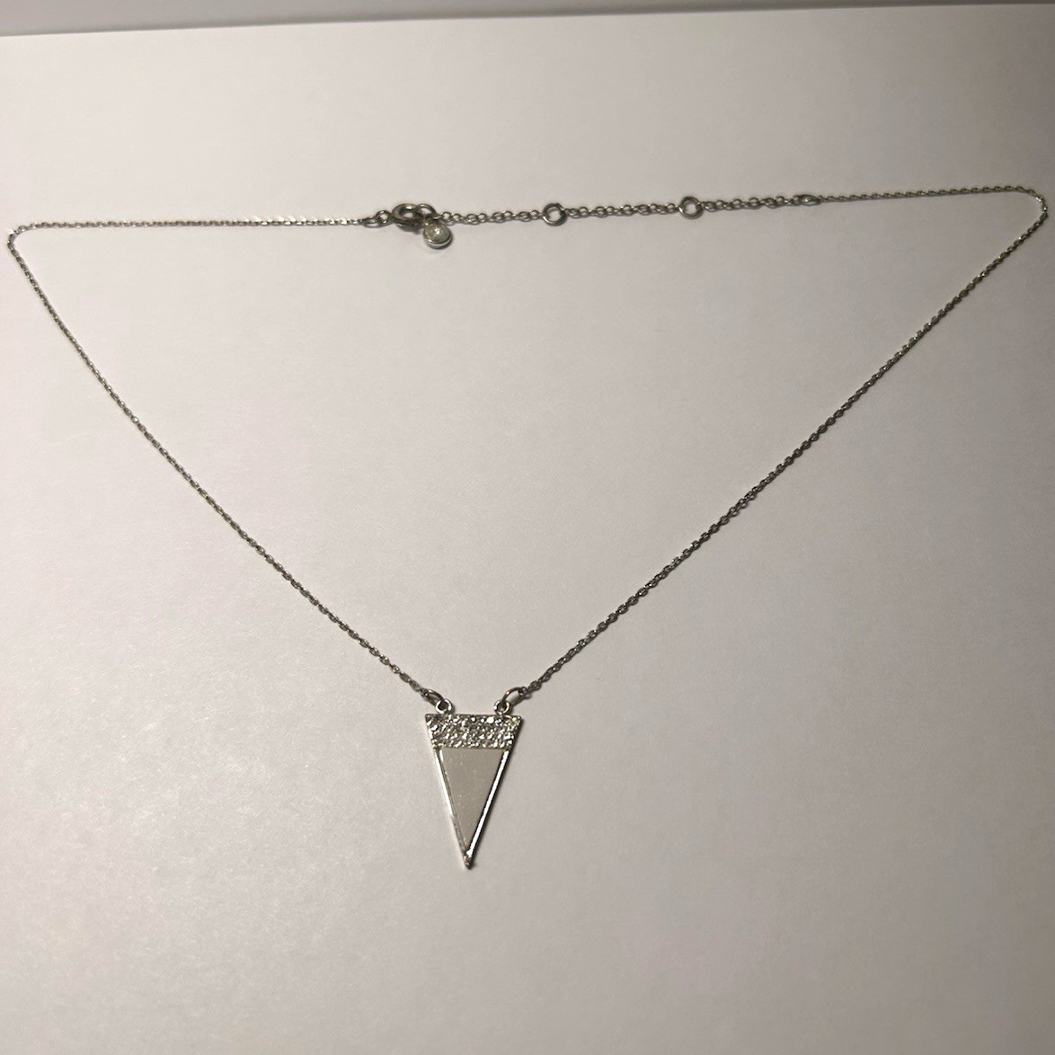 Silver Tone Cable Chain Necklace Triangle Charm Pendant Clear Crystal