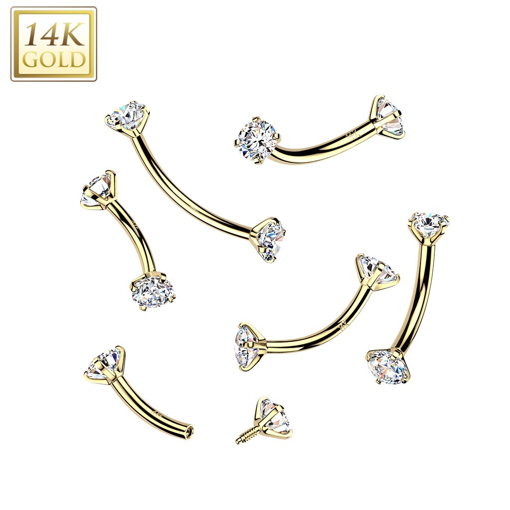 14K Yellow Gold Curved Barbell Eyebrow With Prong Set CZ Balls