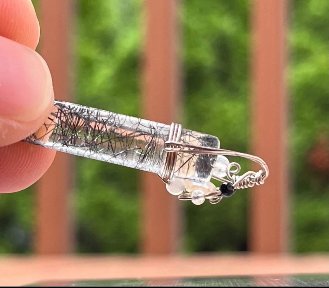 925 Quartz Vintage Black Rutile Sterling Silver Wrapped Pendant Gorgeous !