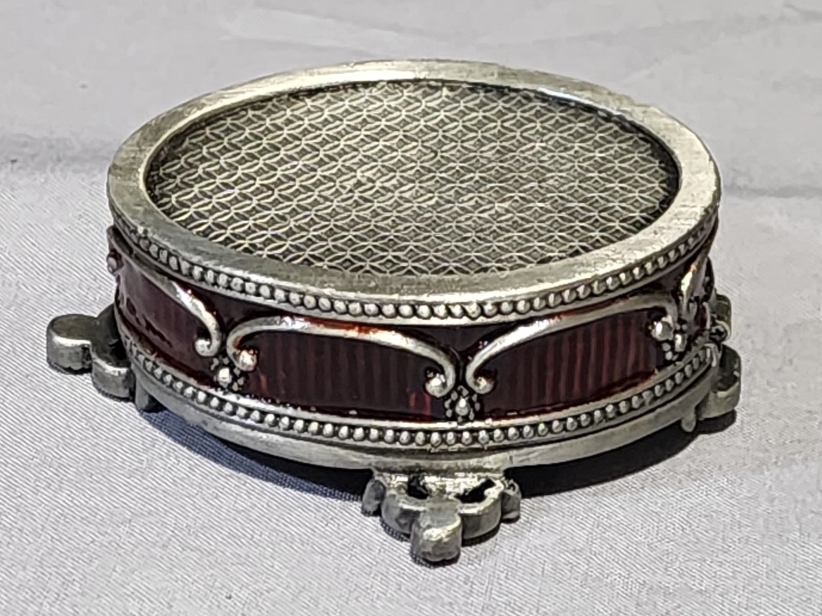 SMALL HINGED CROSS METAL AND ENAMEL TRINKET BOX RED RHINESTONES