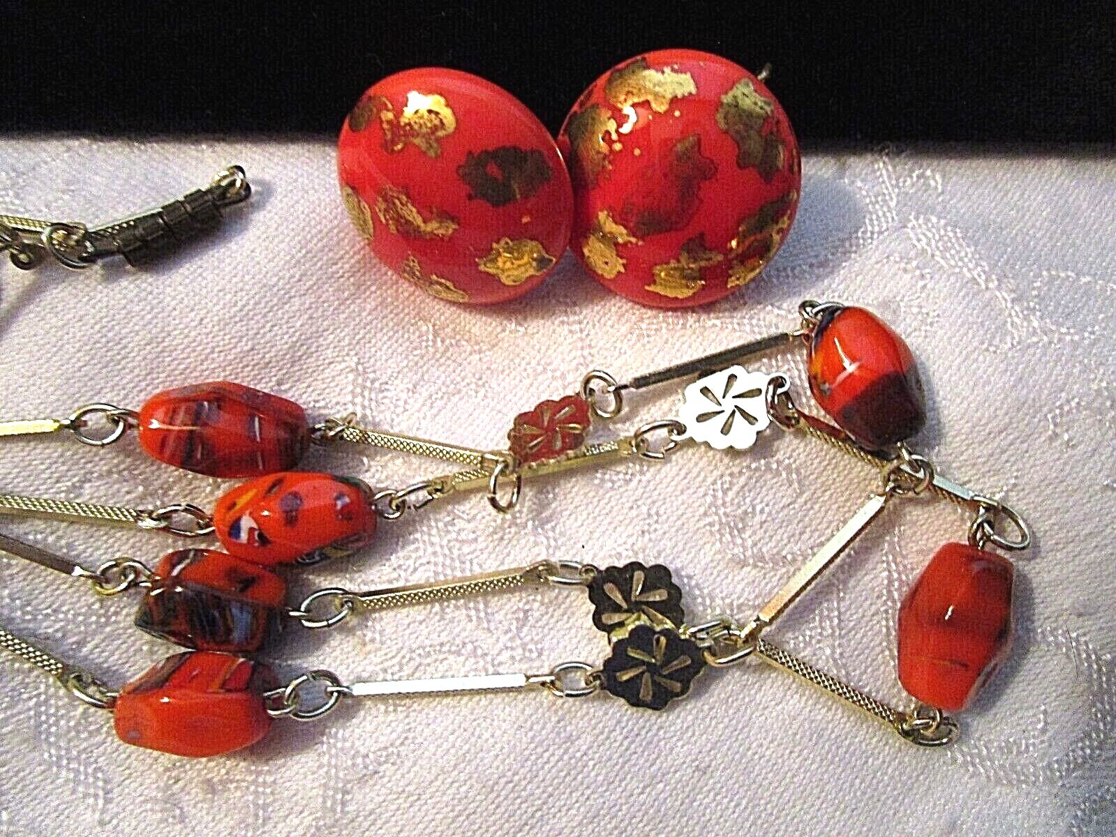 FAB VINTAGE Non-Identical ART GLASS NUGGET BEAD NECKLACE 1″ BAR LINKS + EARRINGS