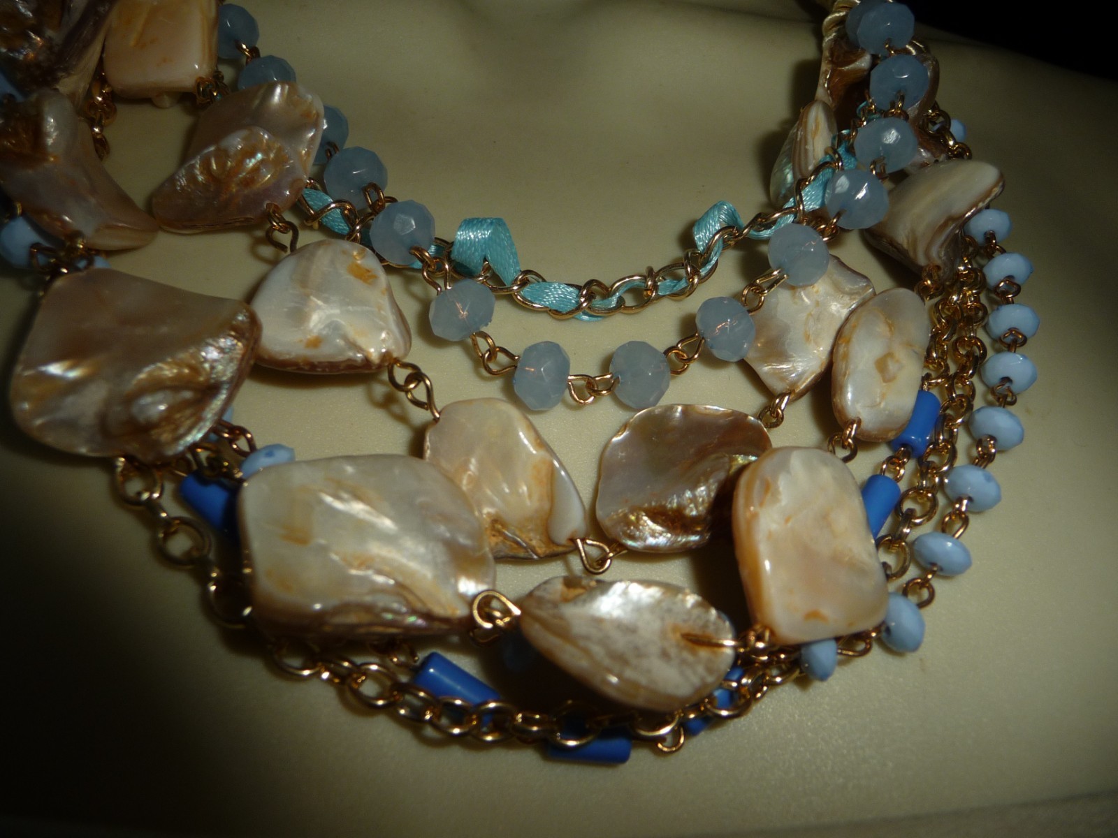 7 CHARMING SISTERS LAYERED MOP & BLUE BEADS IN WHITE CORD BIB NECKLACE #8/30
