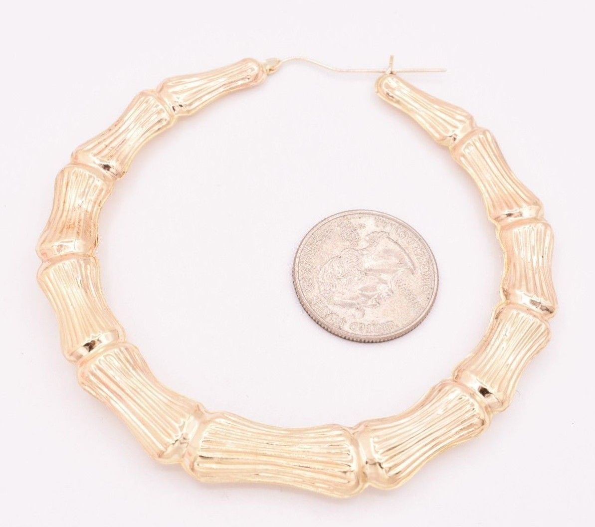 3 1/2″ 85mm Huge Graduated Diamond Cut Bamboo Hoop Earrings Real 10K Yellow Gold