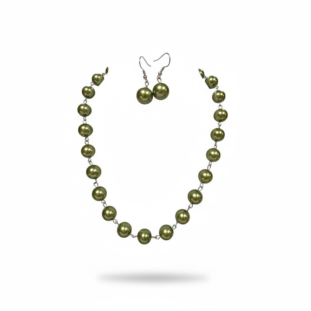 Green Glass Pearl Hand Crafted Silver Tone Finish Necklace Earring Set