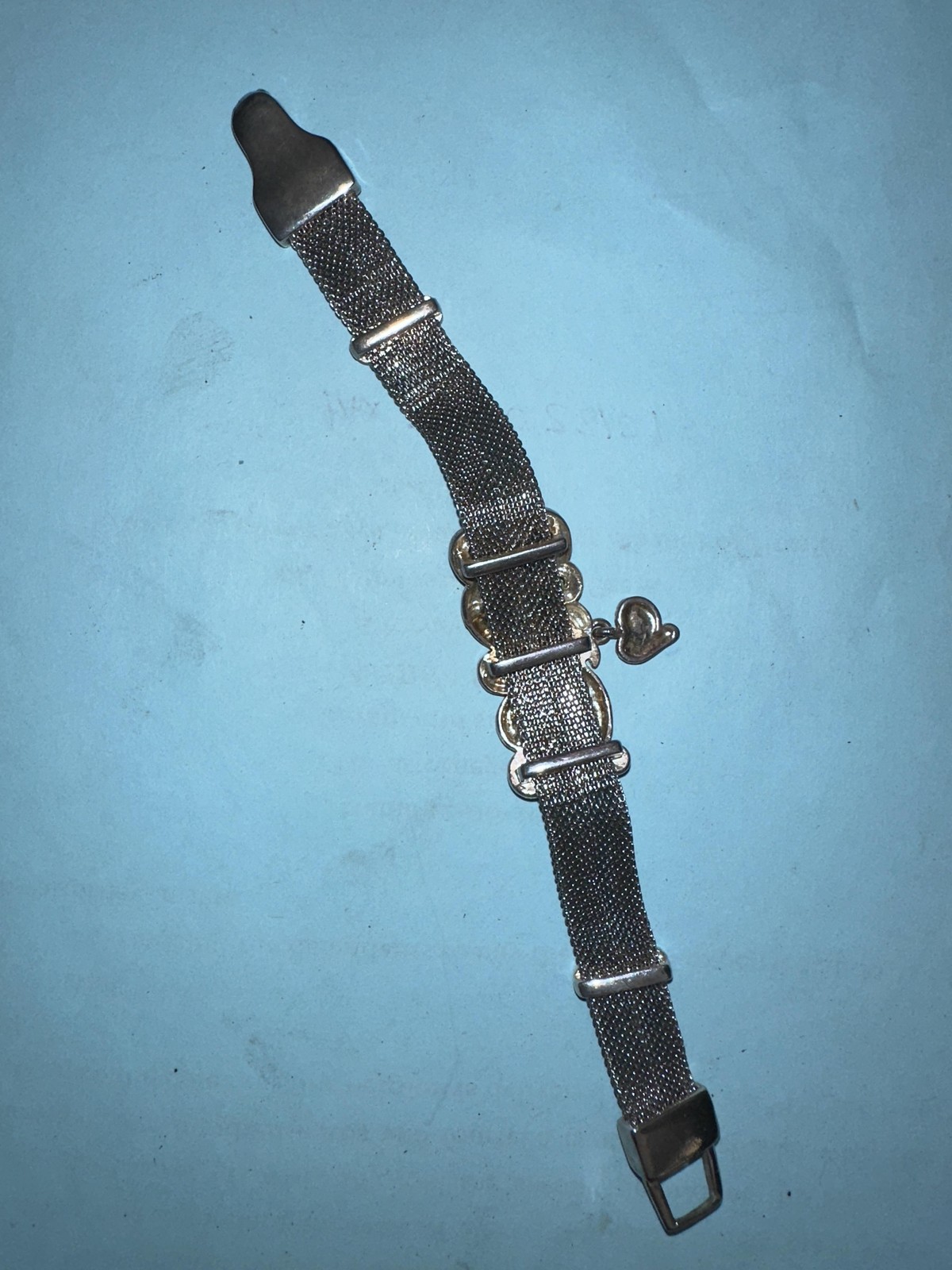Vintage Silvertone Mesh Crystal Charm Bracelet Filigree Heart Womens Jewelry 7.5