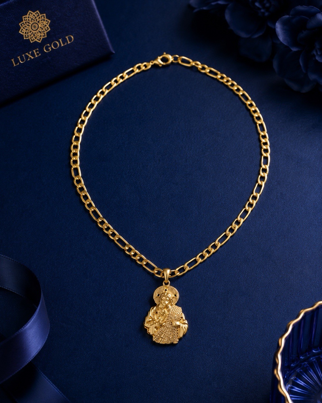 Luxe Gold Yellow Gold Plated Figaro Chain Religious Round Charm 24in