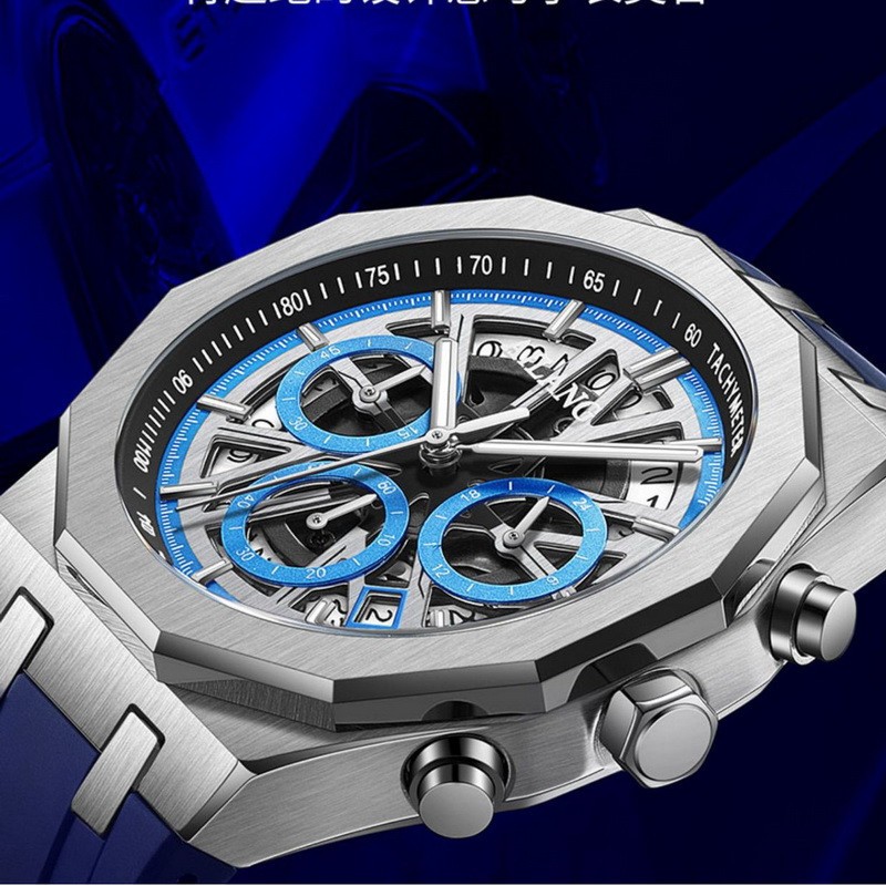 AILANG Men Skeleton Dodecagonal Multifunction Chronograph Luminous Quartz Watch